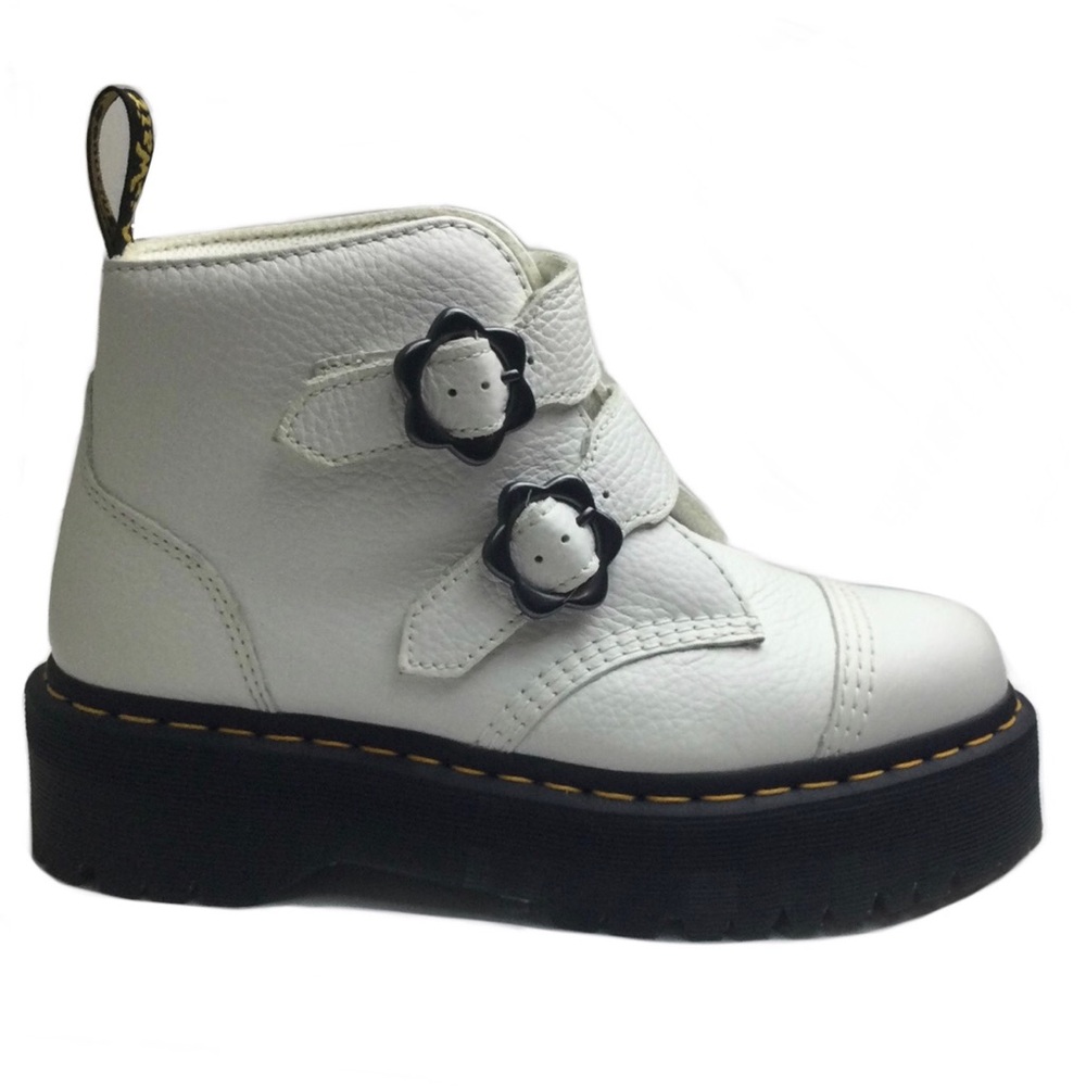 Doc Marten Devon Flower Buckle White Milled Nappa Leather Platform Boots Size 9